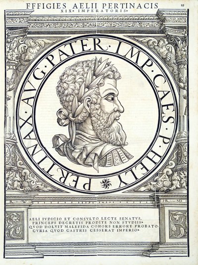 Elio Pertinace, illustrazione da Imperatorum romanorum omnium orientalium et occidentalium verissimae imagines ex antiquis numismatis, xilografia di Rudolph Wyssenbach, stampata da Andreas Gesner, Zurigo da Hans Rudolf Manuel Deutsch